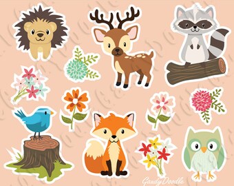 Woodland Forest Animals Clipart - Raccoon, Deer, Owl, Hedgehog,Fox, Bluebird, Flowers