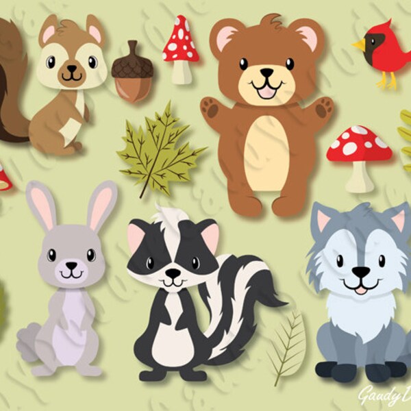 Woodland Forest Animals Clipart - Squirrel, Bear, Rabbit, Skunk, Wolf, Cardinal Bird, Leaf, Mushroom, Bunny, Acorn