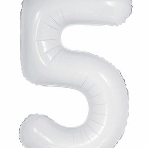 Number 5 White Foil Balloon, 86cm Large Birthday Party Decoration, Helium or Air Fill