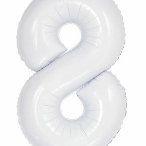 Number 8 White Foil Balloon, 86cm Large Birthday Party Decoration, Helium or Air Fill