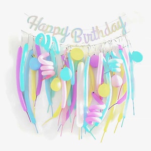 Pastel Happy Birthday Bunting & Balloon Set, Party Decorations, Iridescent Banner, 40 Balloons, Celebration Accessories