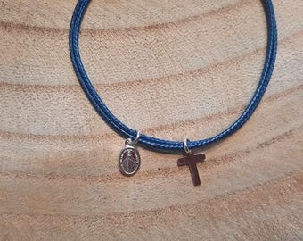 Adjustable 925 Sterling Silver Christian Cross Cord Bracelet with Virgin Mary Design. Religious Bracelet for Communion, Godmother, Godfather, or Godchild.