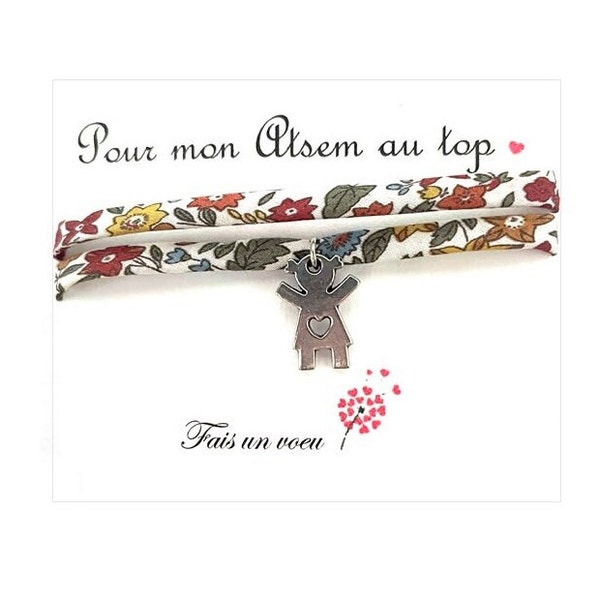 Bracelet personnalisé Atsem, Bracelet atsem cordon liberty réglable, cadeau bracelet personnalisé atsem, fin d'année école, merci atsem