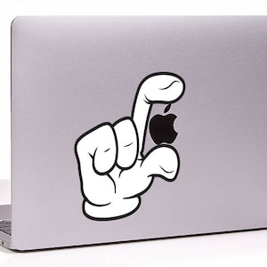 Cartoon hand holding Apple MacBook decal sticker, choose your size.
