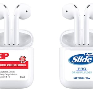 May include: Two white wireless earbud cases. The case on the left has a red and white label that says "3P Reusable Wireless Earplugs" and "Easy to Use & Insert, Flange Design Enhances Comfort & Fit, 1 Set". The case on the right has a blue and white label that says "Apple Slide Pro Original Floss 54.6 YD (50)/1.5mm".