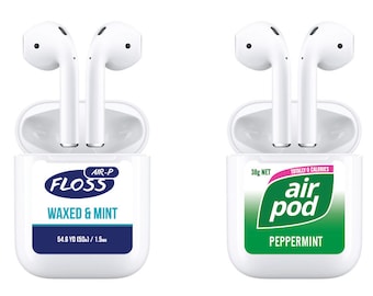 Airpods (2016 and 2019 version) Airpod funny stickers decals dental floss/gum anti theft Set of 2