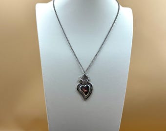 Silver Sacred Heart Necklace | &quot;Sacre Coure&quot; | 20 Inch Stainless Steel Pendant Necklace | Gothic Heart Necklace
