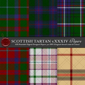 Pode incluir: Uma coleção de seis papéis digitais com vários padrões de tartan escocês. Os designs apresentam uma variedade de cores, incluindo verde, vermelho, azul e bege, dispostos em layouts de xadrez clássicos. O texto "SCOTTISH TARTAN v.XXXIV Papers" está presente.