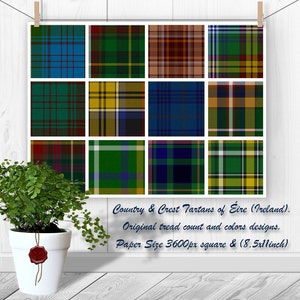 May include: A digital paper pack of 12 different tartan patterns in various colors, including green, blue, red, and yellow. The patterns are arranged in a grid of four rows and three columns. The text "Country & Crest Tartans of &Eacute;ire (Ireland). Original tread count and colors designs. Paper Size 3600px square & (8.5x11inch)" is at the bottom of the image.