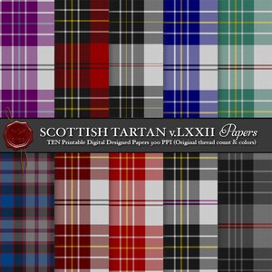 May include: Ten digital papers featuring different Scottish tartan patterns in various colours, including red, blue, green, purple, and black. The papers are designed for printing and are 300 PPI.