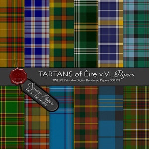 May include: Twelve digital paper designs featuring various tartan patterns in shades of green, blue, red, yellow, and black. Each design is 12 inches by 12 inches and 300 PPI. The title "TARTANS of Éire v.VI Papers" is displayed at the top.