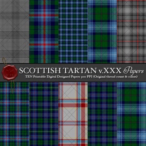 Könnte beinhalten: Zehn digitale Papiere mit verschiedenen schottischen Tartanmustern in Blau-, Grün-, Rot- und Grautönen. Die Muster sind in einem Raster angeordnet, mit dem Text "SCOTTISH TARTAN v.XXX Papers" und "TEN Printable Digital Designed Papers 300 PPI (Original thread count & colors)" oben.