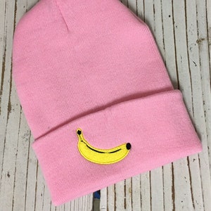BANANA knit beanie, Embroidered Beanie Cuffed Cap, Women&#39;s messy bun beanie, embroidered banana patch