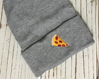 PIZZA Knit Beanie, Foodie Gift, Pizza Lover Beanie, Pizza Hat, Embroidered Pizza Beanie, Cuffed Beanie, Pizza Emoji Hat