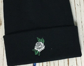 WHITE ROSE Embroidered Beanie, Cuffed Beanie, Winter Hat, Fall Hat, Rose Beanie, White Rose Hat, Custom Embroidered Beanie