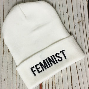 FEMINIST Embroidered Beanie, Women&#39;s Rights Beanie, Embroidered Beanie Hat, Femme Hat, Feminist Hat, Feminism Beanie