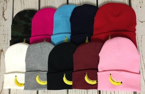 Adult Cat Banana Embroidered Cuffed Knit Beanie Cap