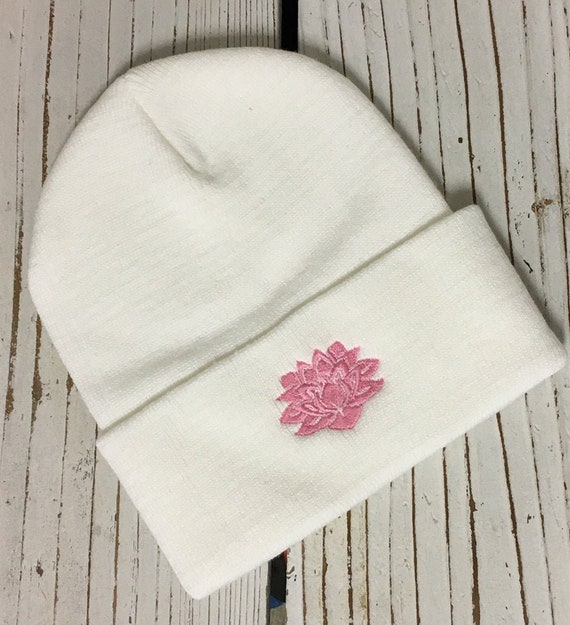 Lotus Flower Embroidered Beanie, Flower Beanie Cuffed Cap 