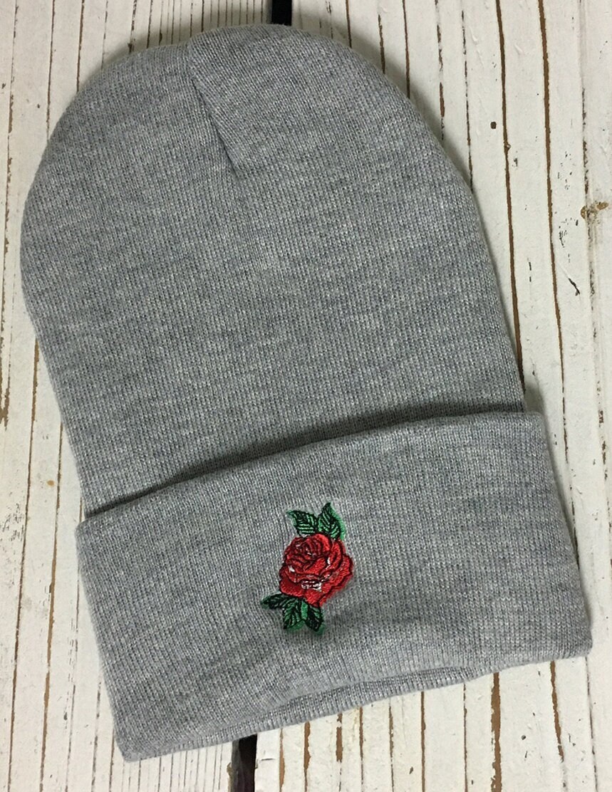 RED ROSE Embroidered Beanie Flower 