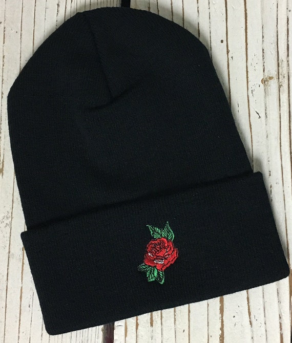 RED ROSE Embroidered Beanie Flower 
