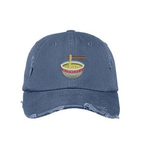 RAMEN Distressed Dad Hat, Embroidered Noodle Soup Hat, Low Profile Asian Cuisine Ramen Cap Hats, Many Colors Available