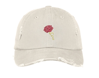 ROSE LOVE Distressed Dad Hat, Bestickte Staudenpflanze, Low Profile Rosaceae Flower Family Baseball Mützen, viele Farben verfügbar