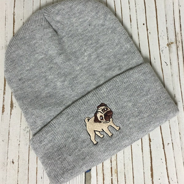 Pug Beanie Cuff Cap, Dog Lover Gift, Dog Embroidered Beanie,  Embroidered Cuffed Beanie with Pug Patch, Fall Beanie Hat