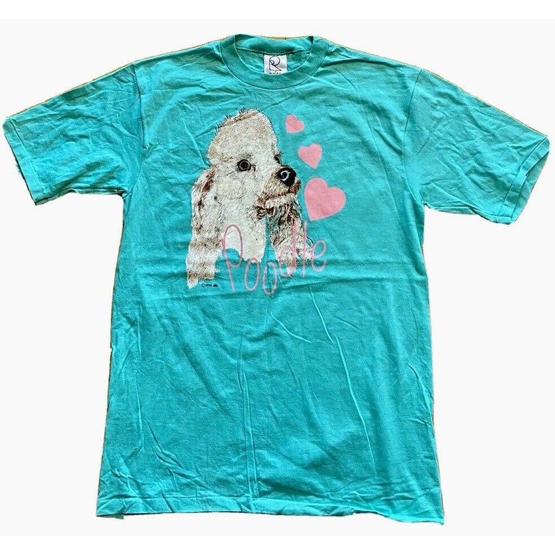 VTG 90s Poodle Dog Lover Hearts Single Stitch Short Sleeve Graphic Shirt Size L