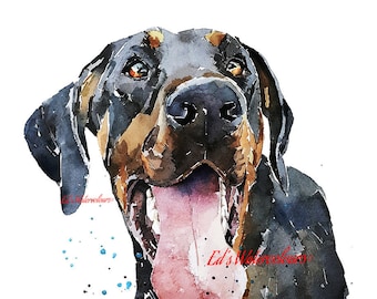 Doberman Smile" Print aquarel. Doberman kunst, Doberman print, Doberman aquarel, Doberman kunst aan de muur, Doberman decor