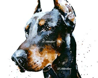 Doberman" Print Watercolour.Doberman art,Doberman print,Doberman watercolour,Doberman wall art,Doberman decor.