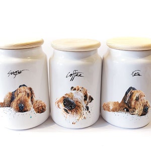 Airedale Terrier Ceramic Tea,Coffee and Sugar Storage Jars. Airedale Terrier Canisters,Airedale Storage Jars,Airedale Terrier kitchenware