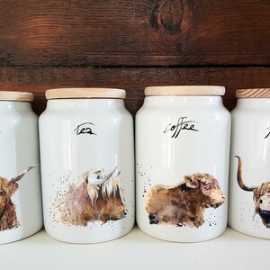 Highland Cows II Ceramic Tea,Coffee,Sugar and Flour Storage Jars.highland Cows Canisters, highland Cows Storage Jars,highland Cows canisters