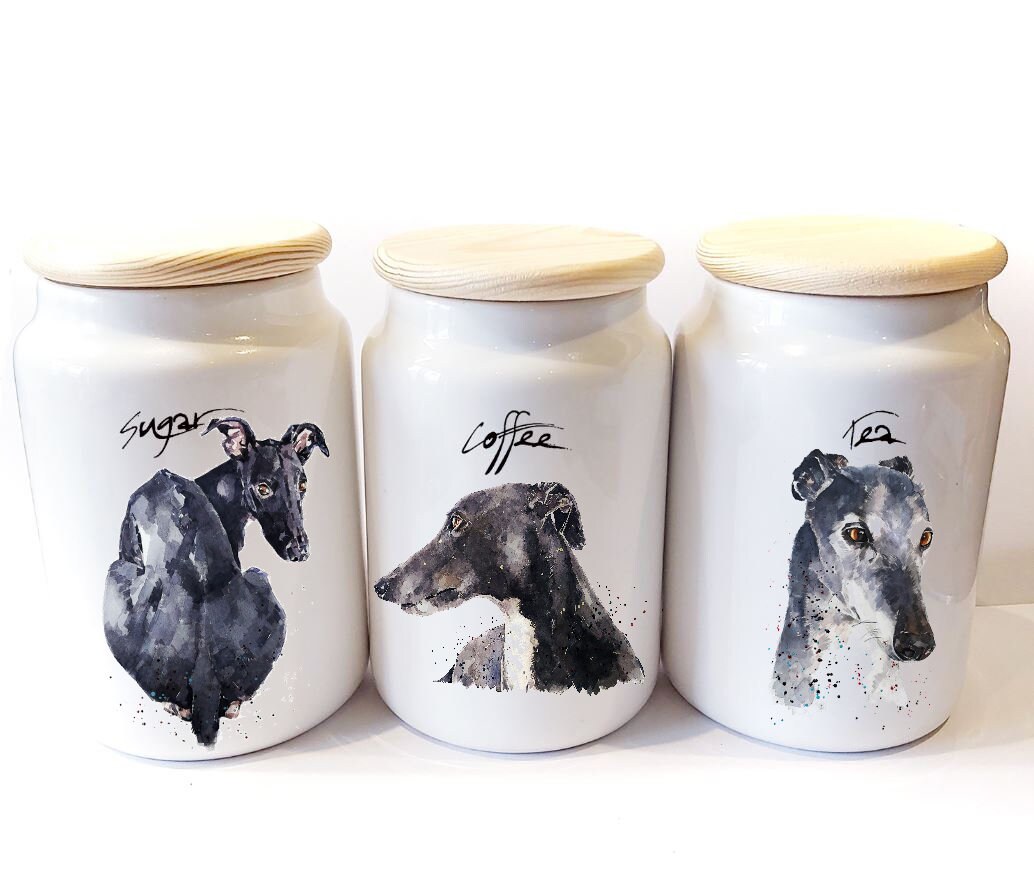 Whippet Ceramic Tea, Coffee and Sugar Storage Jars. Whippet Canisters,Sighthound storage jars,Greyhound kitchenware, Whippet Kitchen Jars