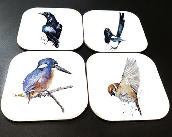 Bird Art cork backed Glossy Coasters ( Set of 4) Sparrow,Magpie,Kingfisher,Raven wildlife coasters