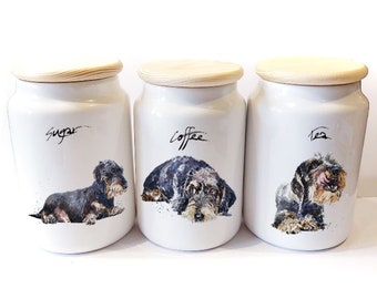 Wirehaired Dachshund Ceramic Tea,Coffee and Sugar Storage Jars.Wirehaired Dachshund Canisters,Wire Doxie Storage Jars,Wire Doxie kitchenware