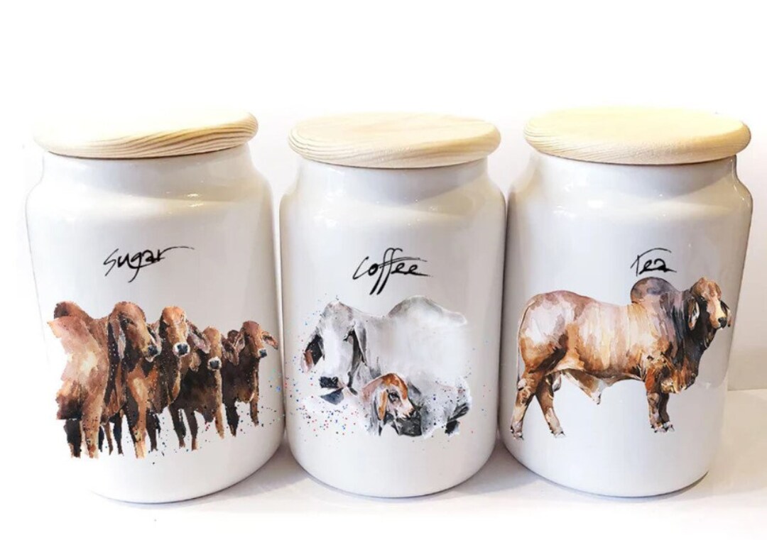 Brahman Cattle Ceramic Tea,coffee and Sugar Storage Jars. Brahman