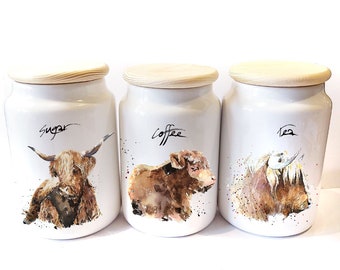 Highland Cows Ceramic Tea,Coffee and Sugar Storage Jars.highland Cows Canisters, highland Cows Storage Jars,highland Cows canisters
