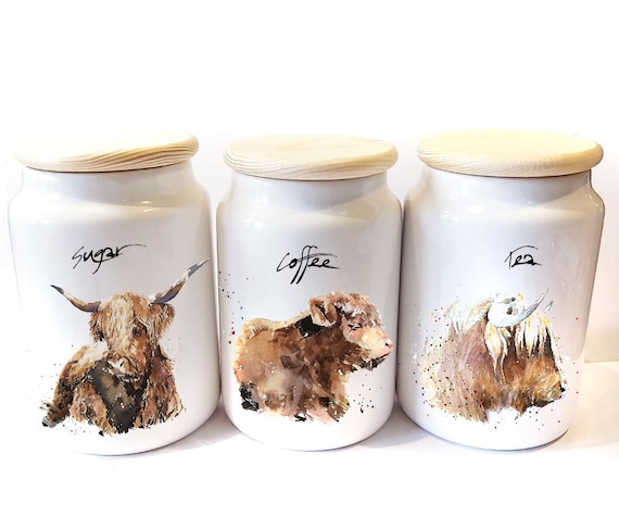 Highland Cows Ceramic Tea,Coffee and Sugar Storage Jars.highland Cows Canisters, highland Cows Storage Jars,highland Cows canisters