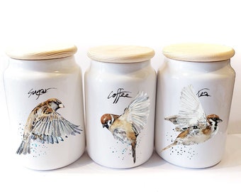 House Sparrows Ceramic Tea,Coffee and Sugar Storage Jars.Sparrows Art Canisters, Sparrows Art Storage Jars,house sparrows canisters