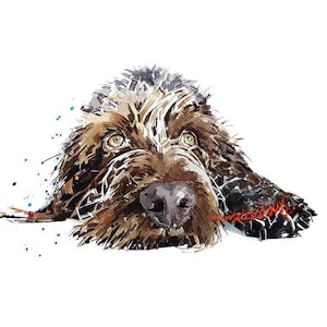 Könnte beinhalten: Ein Aquarellbild eines braunen und schwarzen Hundes mit einem weißen Farbfleck dahinter. Der Hund schaut den Betrachter an, den Kopf zur Seite geneigt. Das Fell des Hundes ist mit Pinselstrichen detailliert.