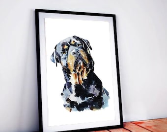 May include: Watercolor painting of a Rottweiler dog in a black frame. The dog has black, brown, and white fur. The artwork is displayed on a white background and leans against a wooden surface.