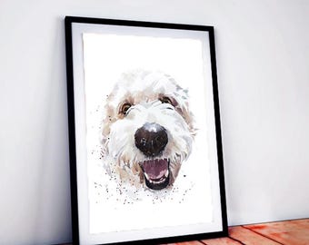 May include: A framed watercolor-style art print featuring a close-up portrait of a shaggy, cream-colored dog with a dark nose and an open mouth. The artwork is set against a stark white background with subtle paint splatters around the dog's face.
