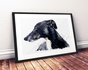 Puede incluir: Pintura de acuarela de la cabeza de un perro Greyhound negro y blanco de perfil. Los ojos del perro son visibles y el fondo es blanco con algunos puntos negros.