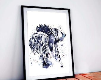 May include: Watercolour painting of a black and white dog with a splash of blue and purple paint. The dog is looking to the right of the image.