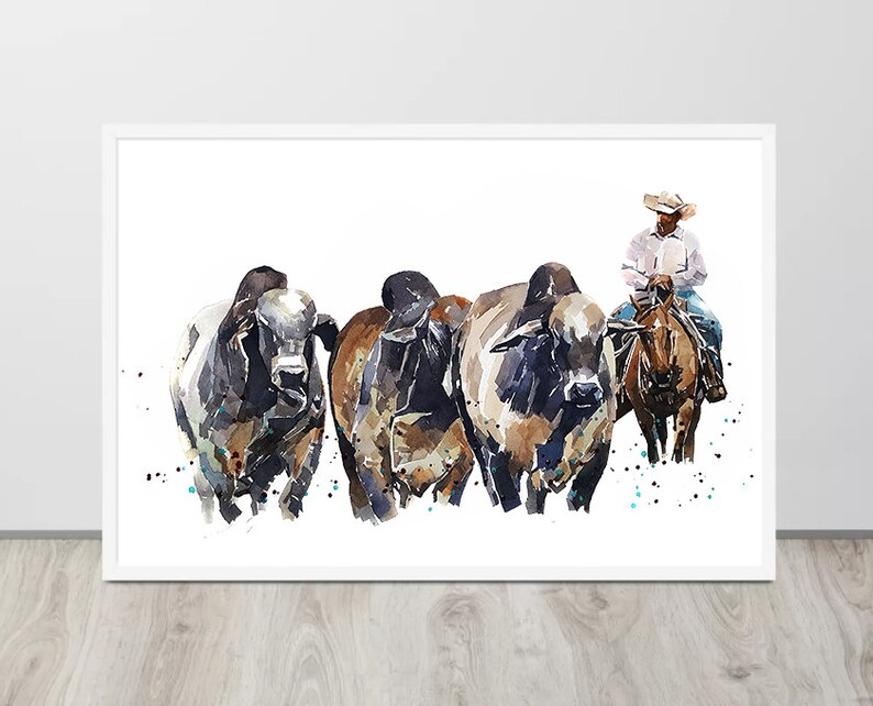 Brahman Cattle and Cowboy | Cow Lover Art Print | Edswatercolours - Etsy