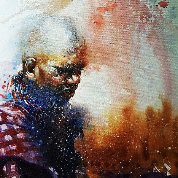 Masai Warrior - Reflection Eternal Print Watercolour,Masai Warrior art,African warrior print, masai man art,tribal warrior,tribal art