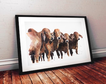 Rode brahmaanse runderen | Originele aquarel | Cadeau koeienliefhebber | Edswatercolours