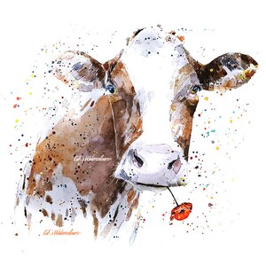 Cow - Poppy Appeal .&quot; Print Watercolour.Cow art, cow print,cow watercolour,cow painting,cow wall art