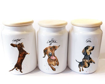Dachshund Ceramic Tea,Coffee and Sugar Storage Jars.Dachshund Canisters, Doxie Storage Jars,Doxie kitchenware, Sausage Dog Jars