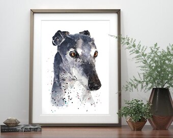 May include: Watercolour painting of a greyhound dog with a white background. The dog has a black nose and brown eyes. The painting is framed in a silver frame.